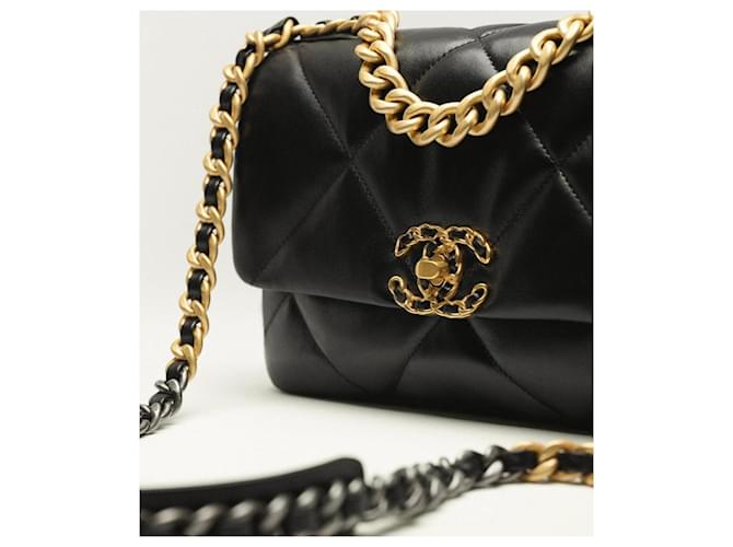 pre-owned coco-vault Chanel 19 Black Shiny Lambskin Leather Bag