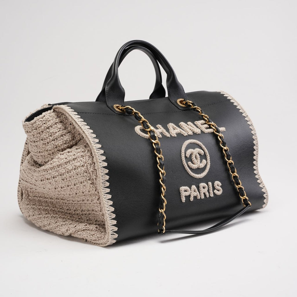 pre-owned coco-vault Chanel Deauville Shopping Tote Large Kalbsleather Black/Beige