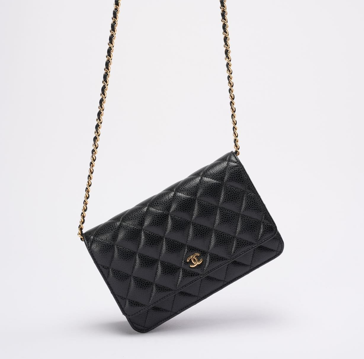 pre-owned coco-vault Chanel Black Quilted Caviar Leather Classic Wallet on Chain 2021