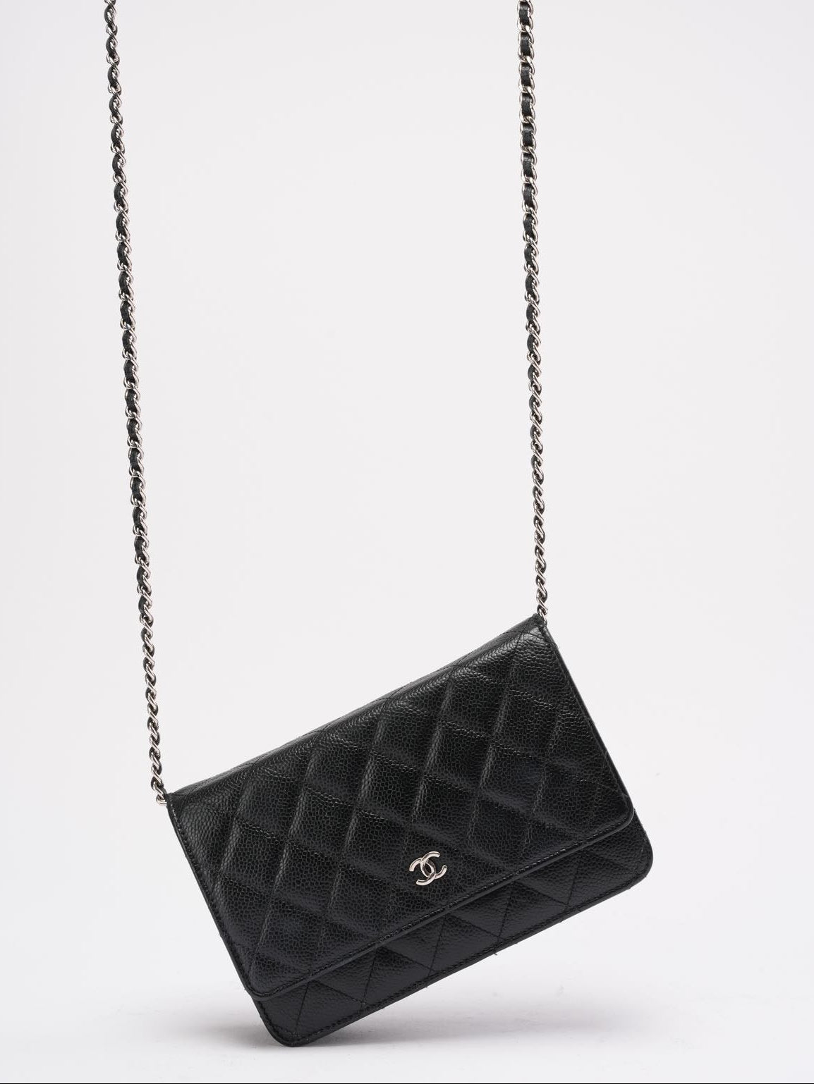 pre-owned coco-vault Chanel Black Caviar Leather Wallet on Chain(WOC) 2014