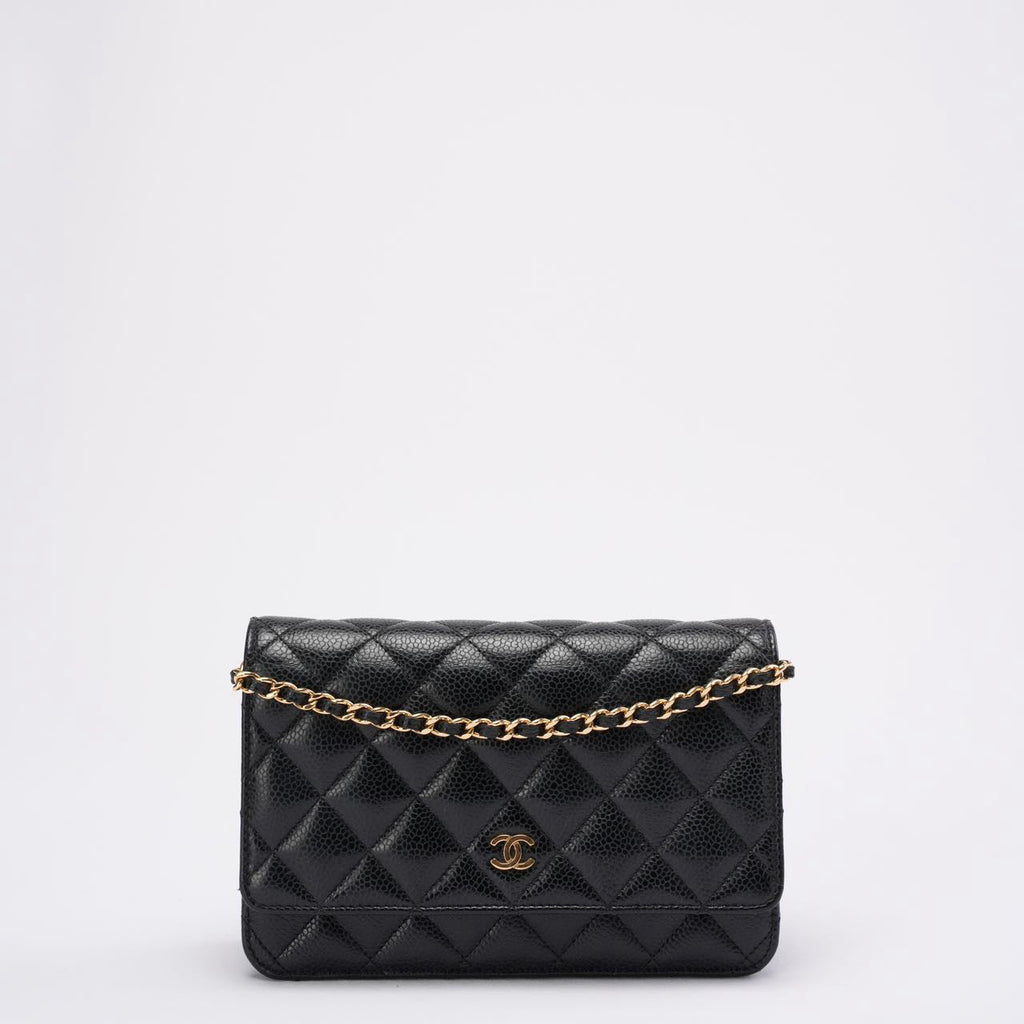pre-owned coco-vault Chanel Black Quilted Caviar Leather Classic Wallet on Chain 2021
