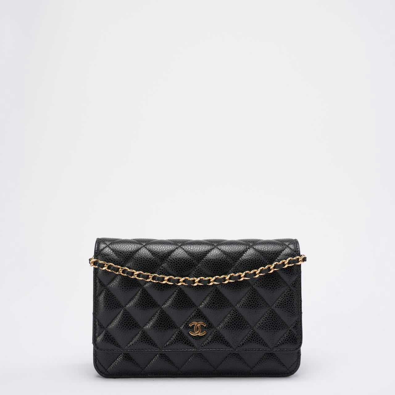 pre-owned coco-vault Chanel Black Quilted Caviar Leather Classic Wallet on Chain 2021