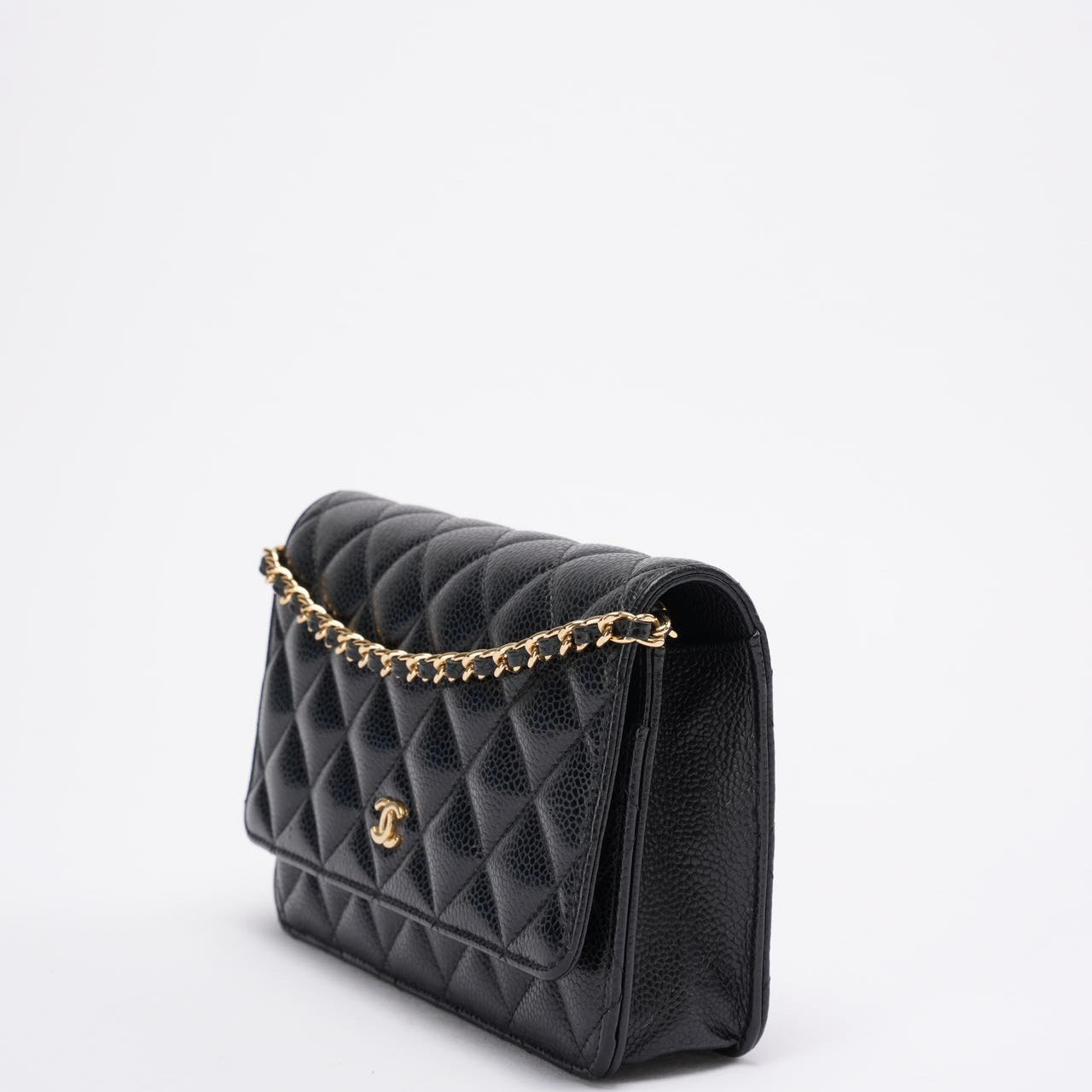 pre-owned coco-vault Chanel Black Quilted Caviar Leather Classic Wallet on Chain 2021