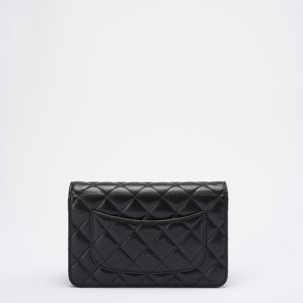 pre-owned coco-vault Chanel Black Quilted Caviar Leather Classic Wallet on Chain 2021