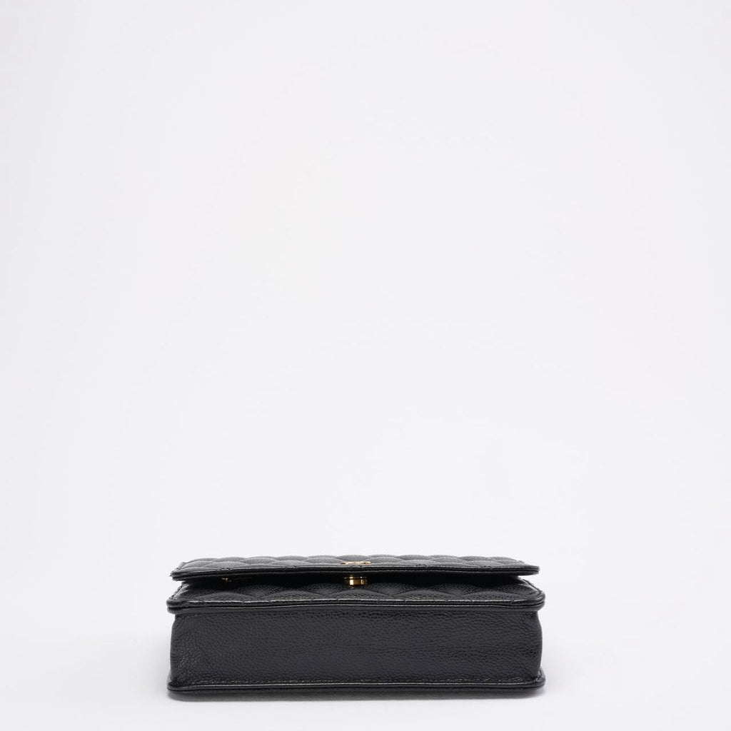 pre-owned coco-vault Chanel Black Quilted Caviar Leather Classic Wallet on Chain 2021