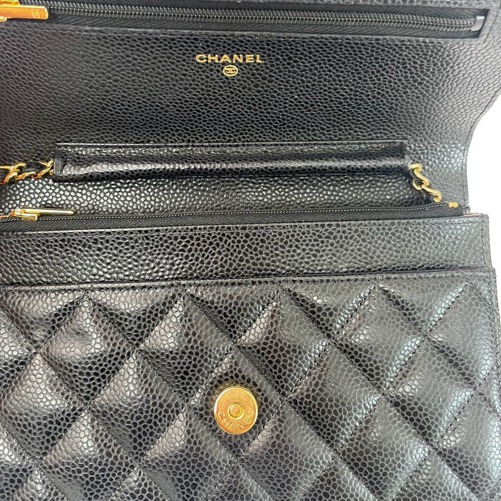 pre-owned coco-vault Chanel Black Quilted Caviar Leather Classic Wallet on Chain 2021