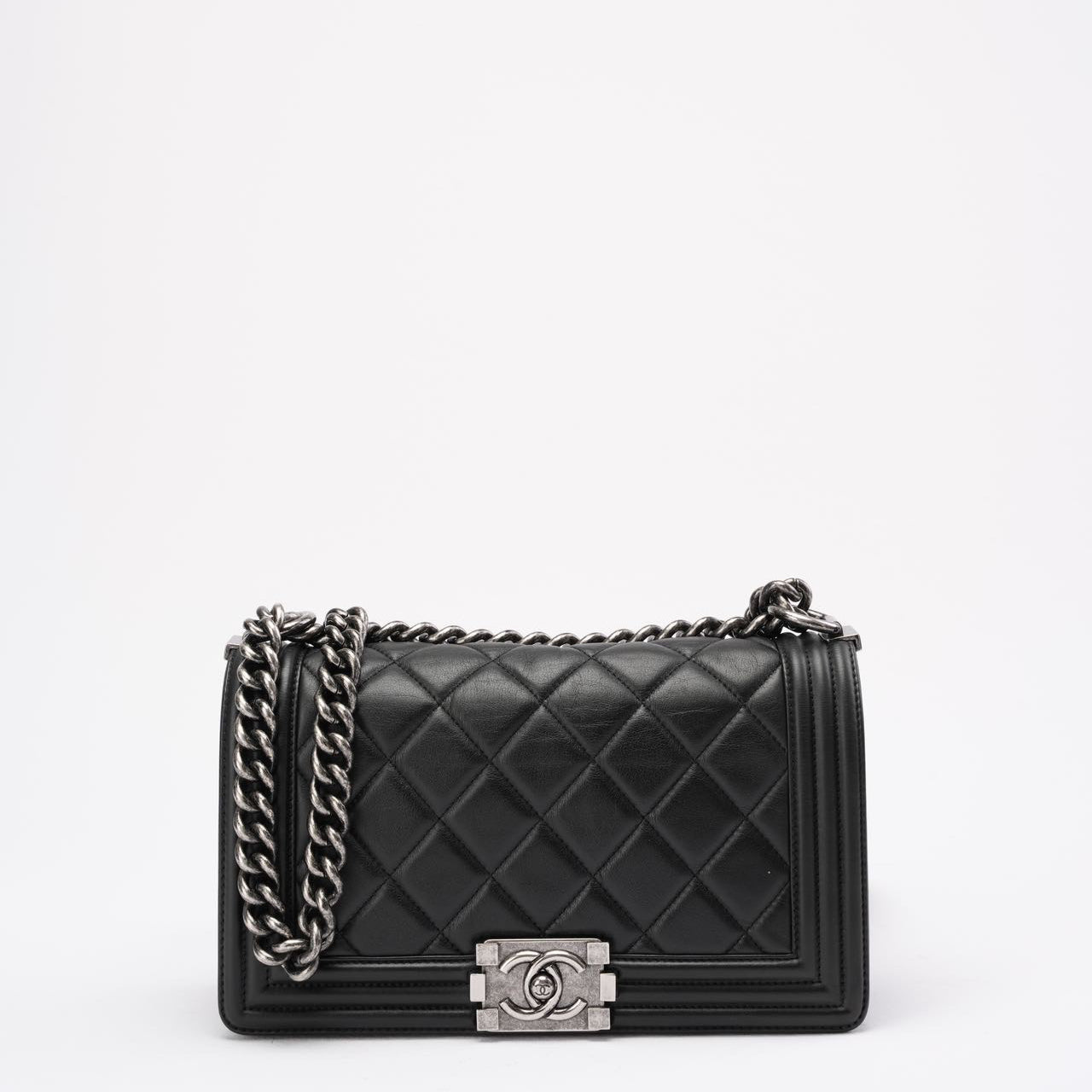 pre-owned coco-vault Chanel Boy Medium Black Flap Bag Quilted Lambskin 2014