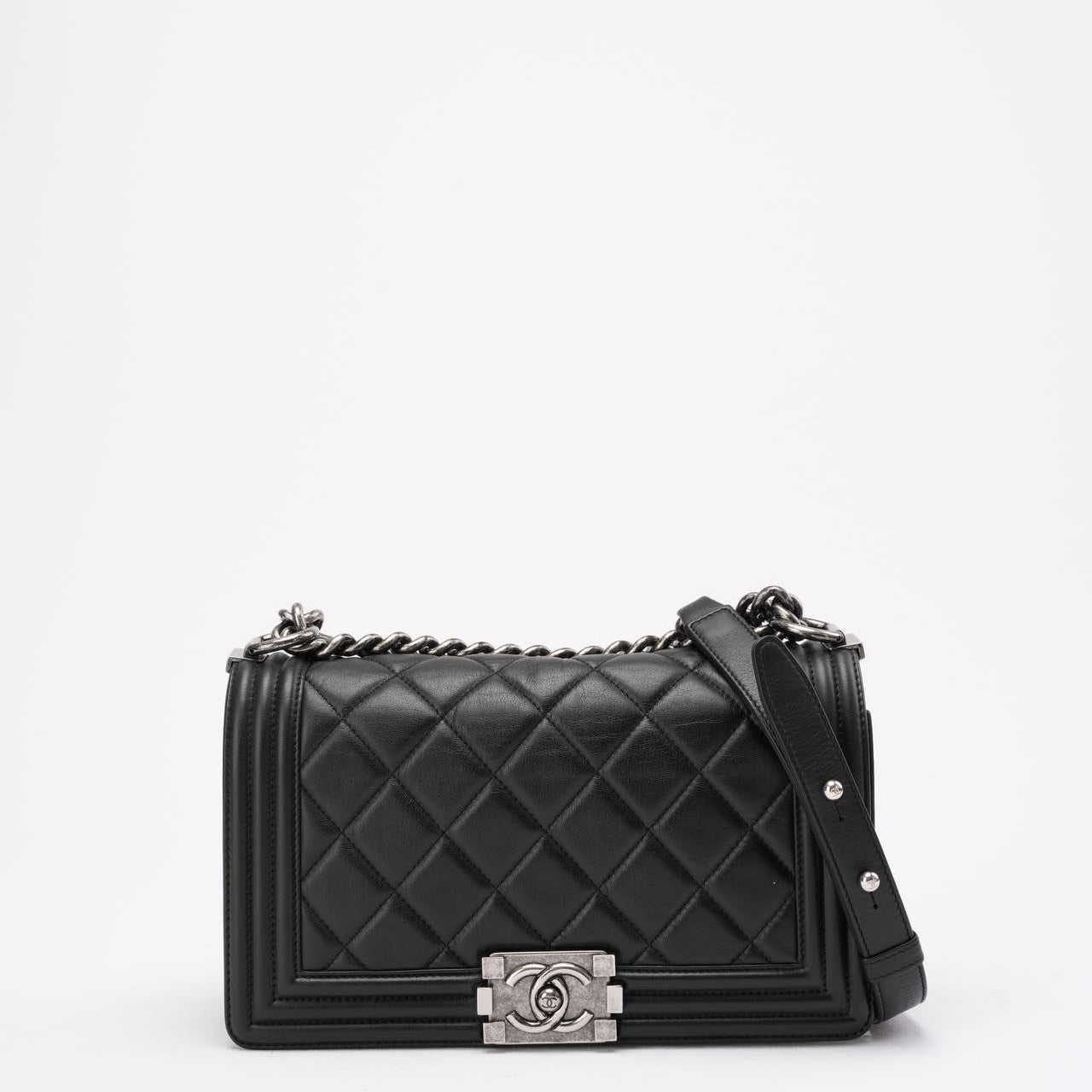 pre-owned coco-vault Chanel Boy Medium Black Flap Bag Quilted Lambskin 2014