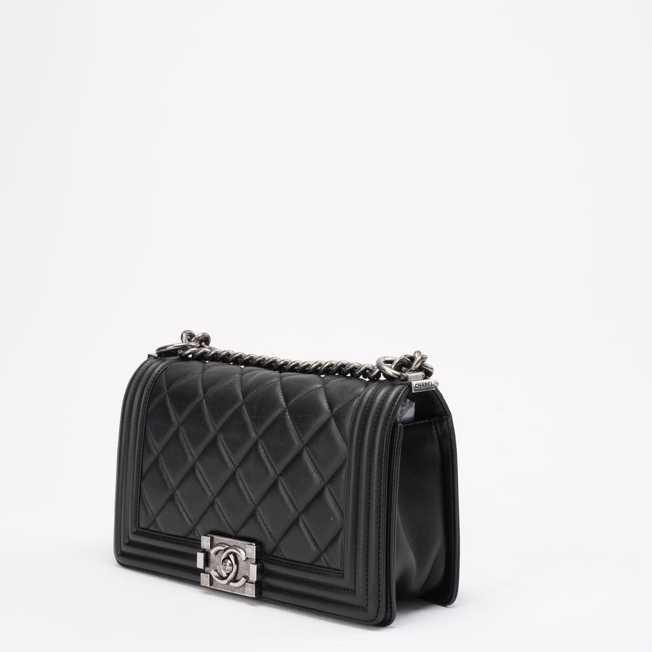 pre-owned coco-vault Chanel Boy Medium Black Flap Bag Quilted Lambskin 2014