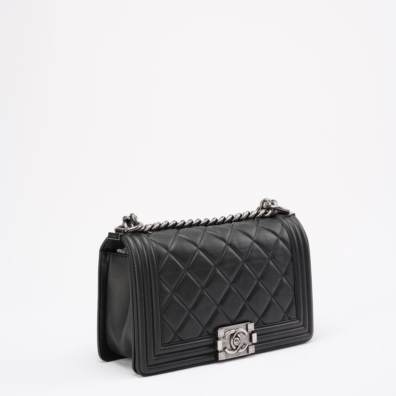 pre-owned coco-vault Chanel Boy Medium Black Flap Bag Quilted Lambskin 2014