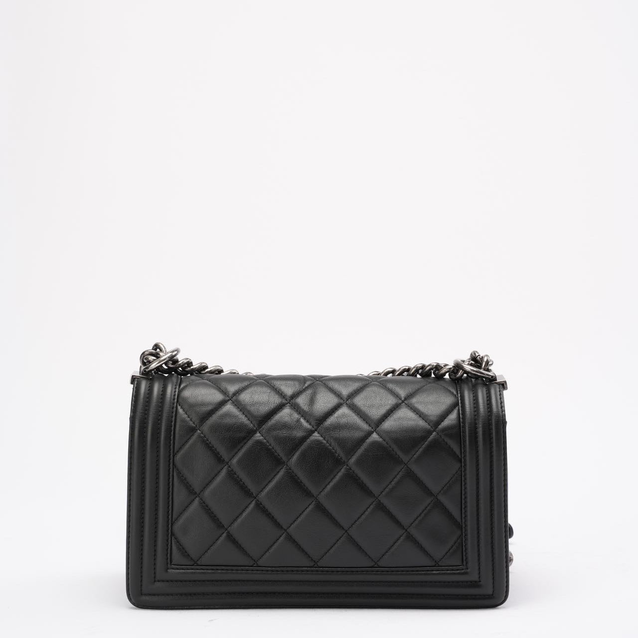 pre-owned coco-vault Chanel Boy Medium Black Flap Bag Quilted Lambskin 2014