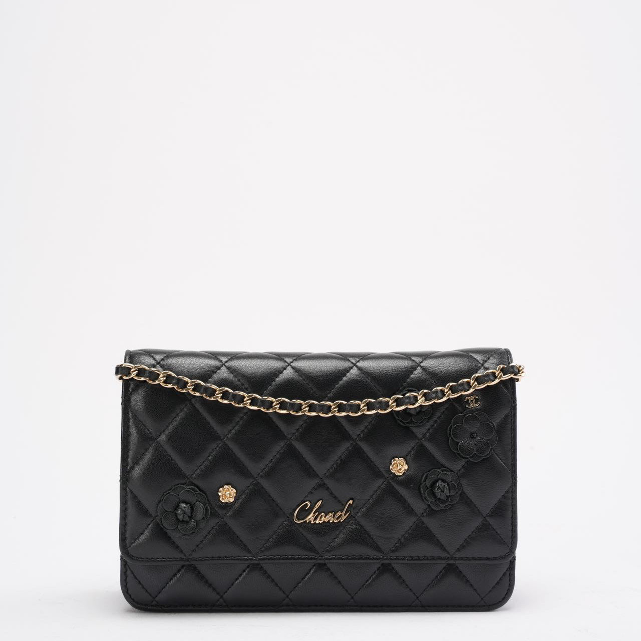 pre-owned coco-vault Chanel Wallet on Chain Black with Camélia Charms 2019