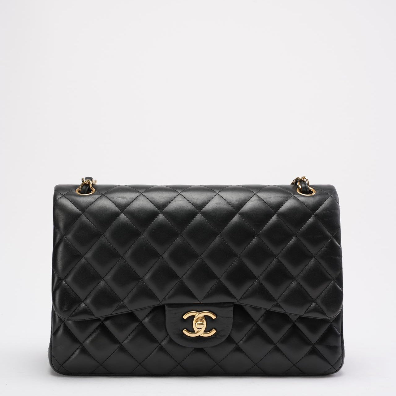 pre-owned coco-vault Chanel Black Classic Jumbo Double Flap Bag Lambskin 2011