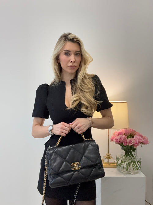 pre-owned coco-vault Chanel 19 Black Shiny Lambskin Leather Bag