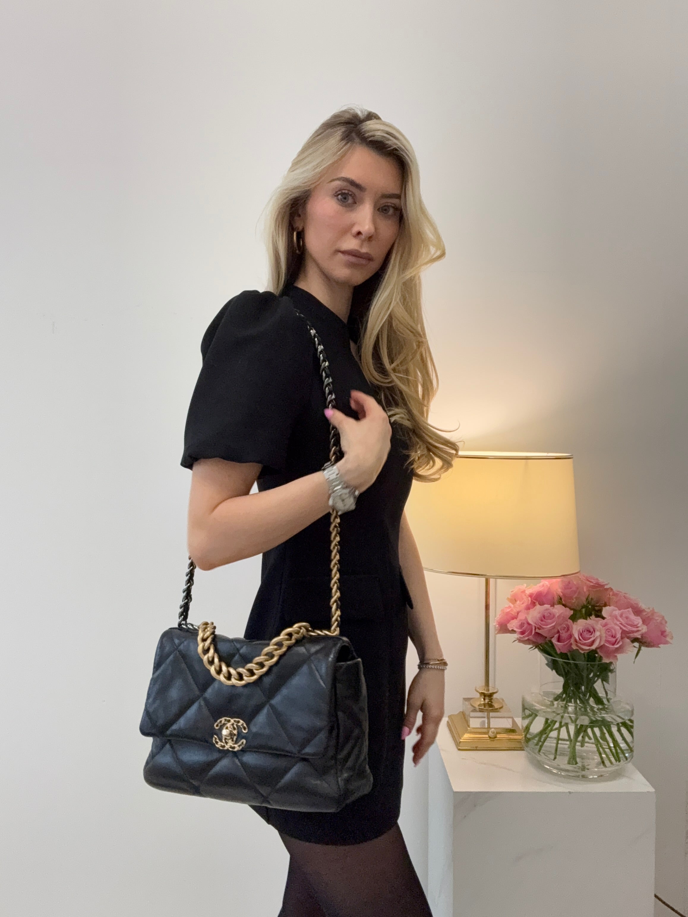 pre-owned coco-vault Chanel 19 Black Shiny Lambskin Leather Bag