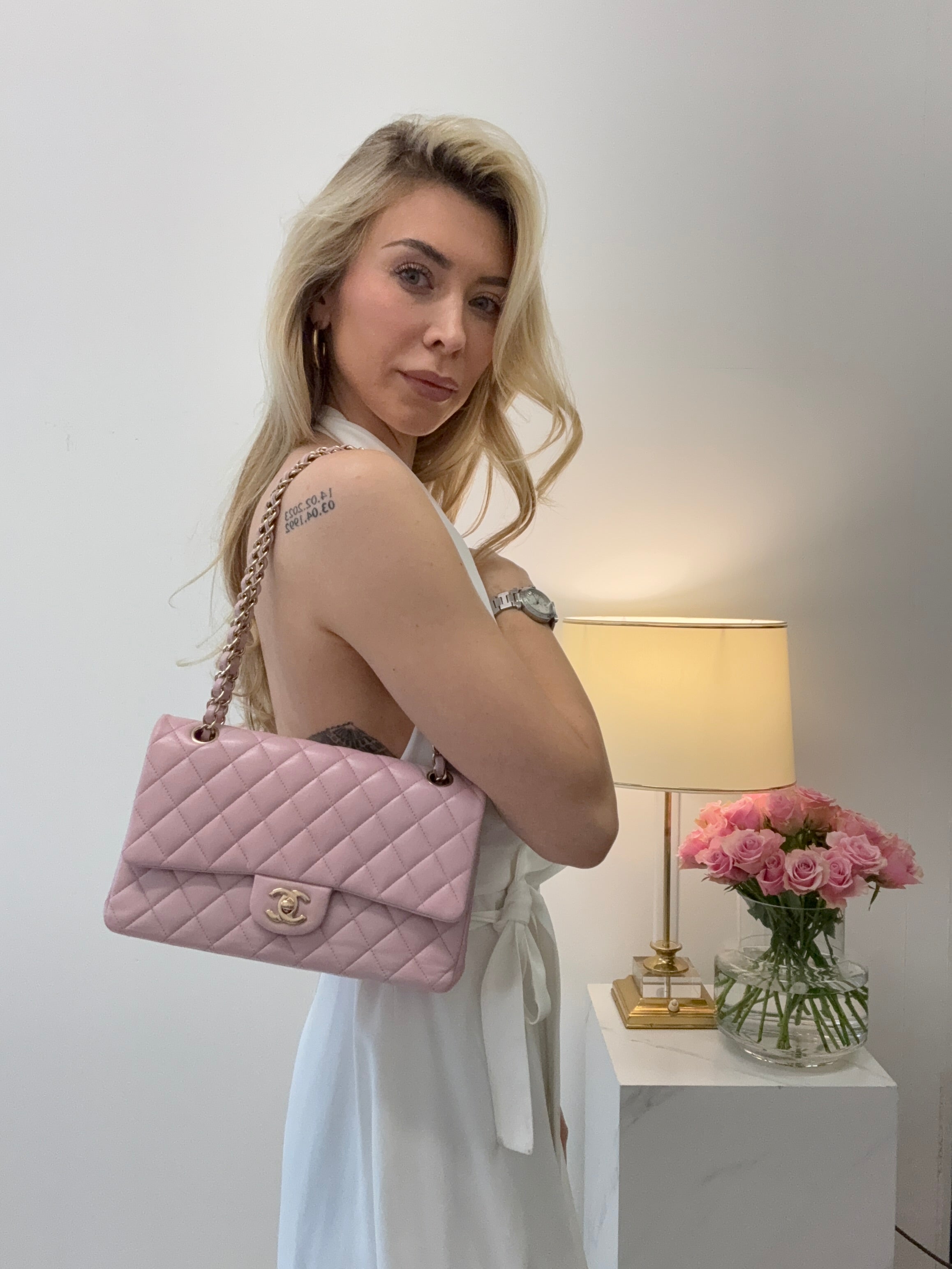 pre-owned coco-vault Chanel Pink Quilted Medium Classic Double Flap Bag 2017