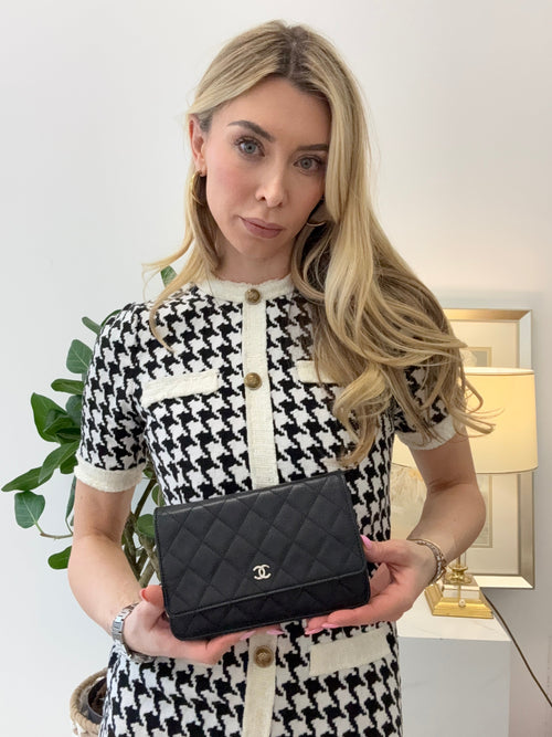 pre-owned coco-vault Chanel Black Caviar Leather Wallet on Chain(WOC) 2020