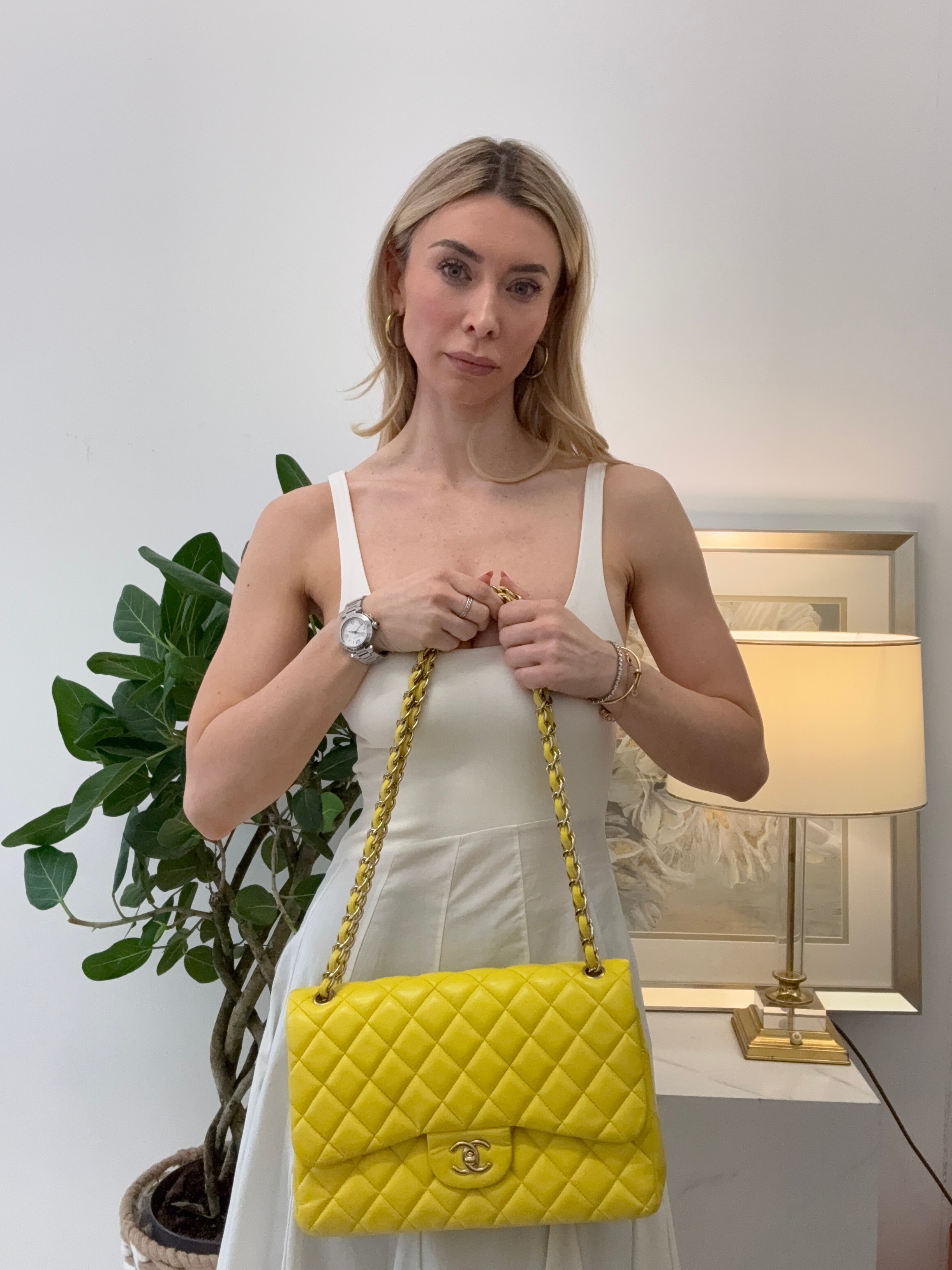 pre-owned coco-vault Chanel Classic Jumbo Double Flap Yellow Lambskin 2011
