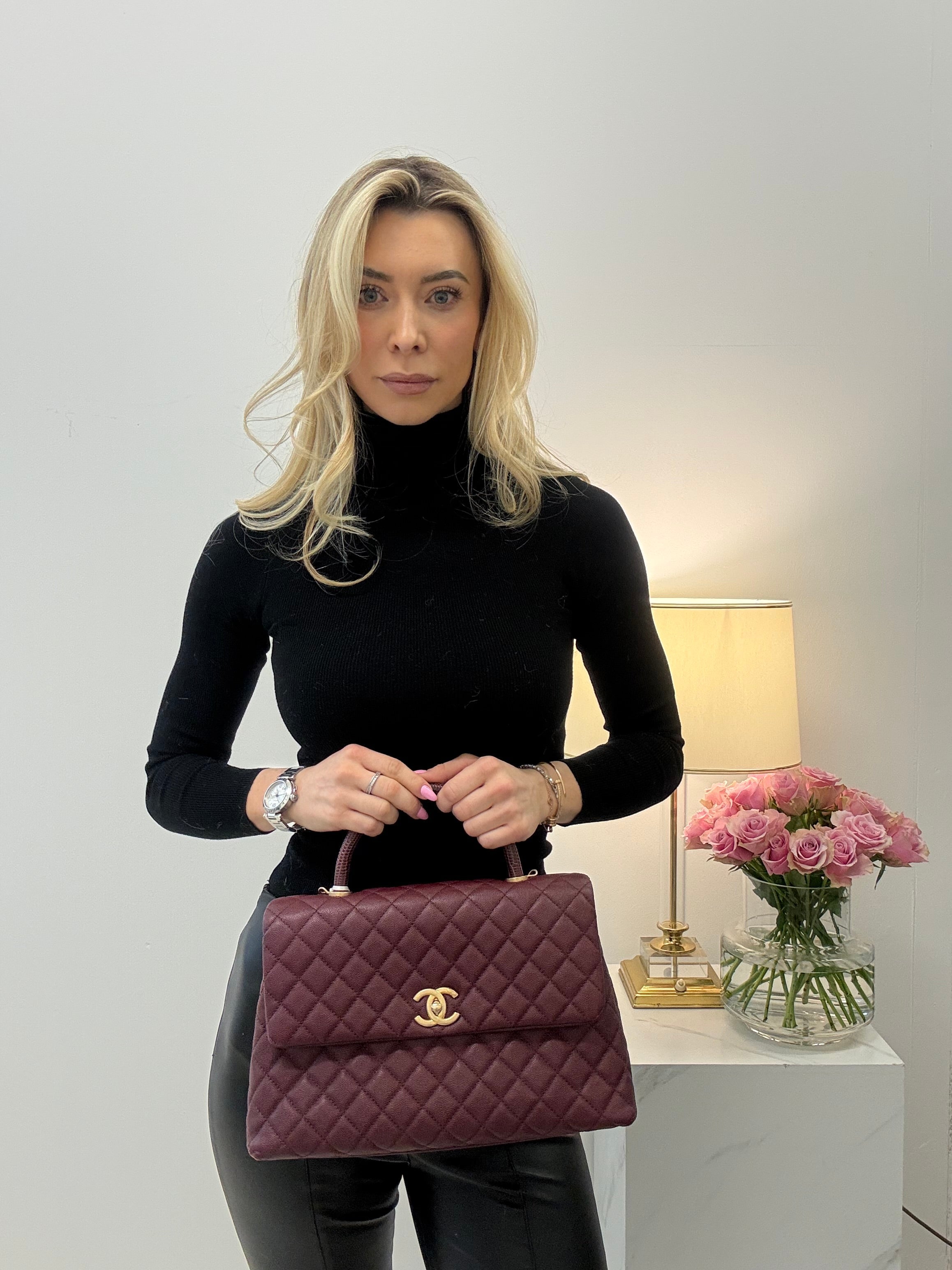 pre-owned coco-vault Chanel Burgundy Quilted Coco Lizard Handle Flap Caviar 2017
