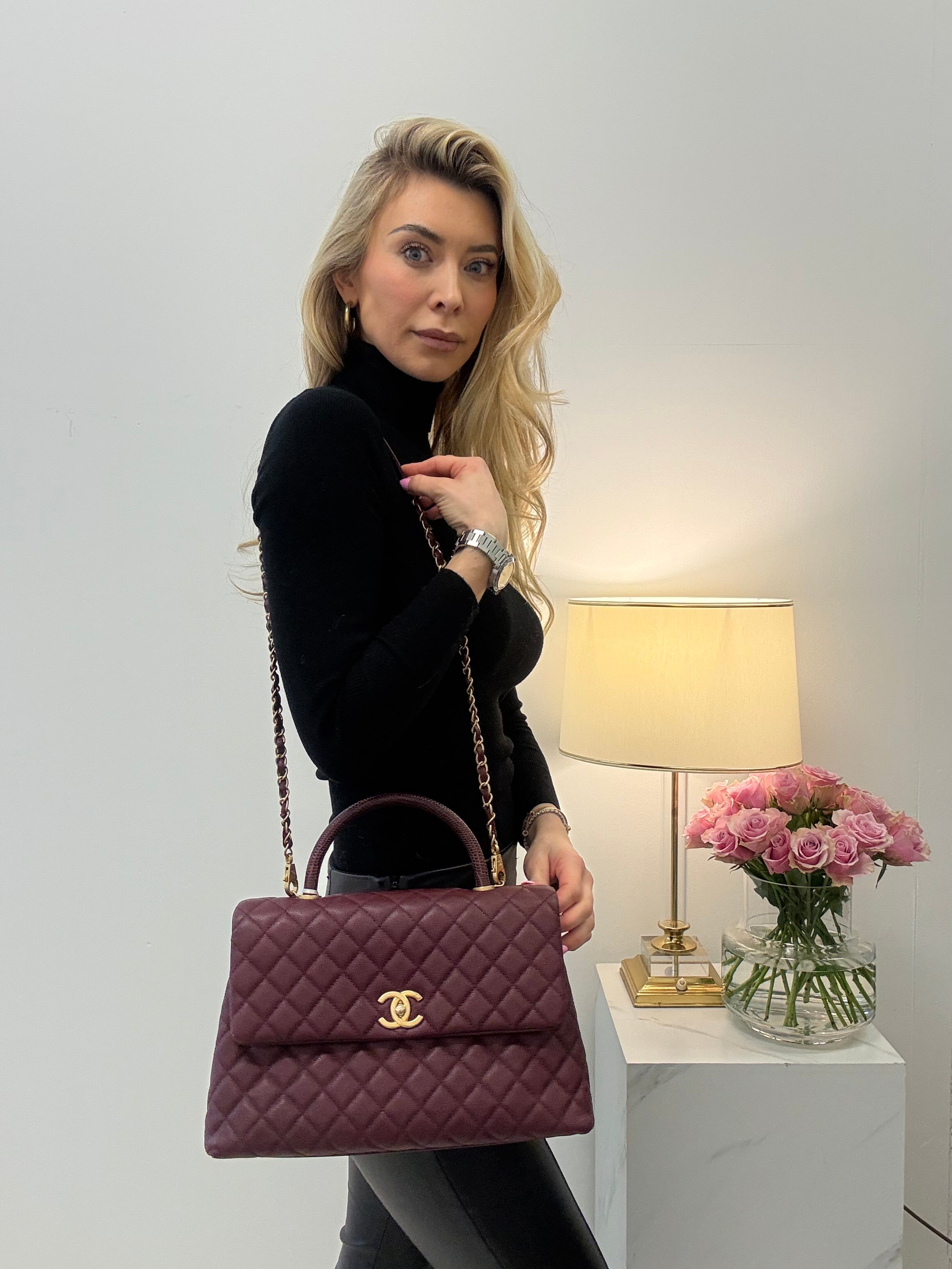 pre-owned coco-vault Chanel Burgundy Quilted Coco Lizard Handle Flap Caviar 2017