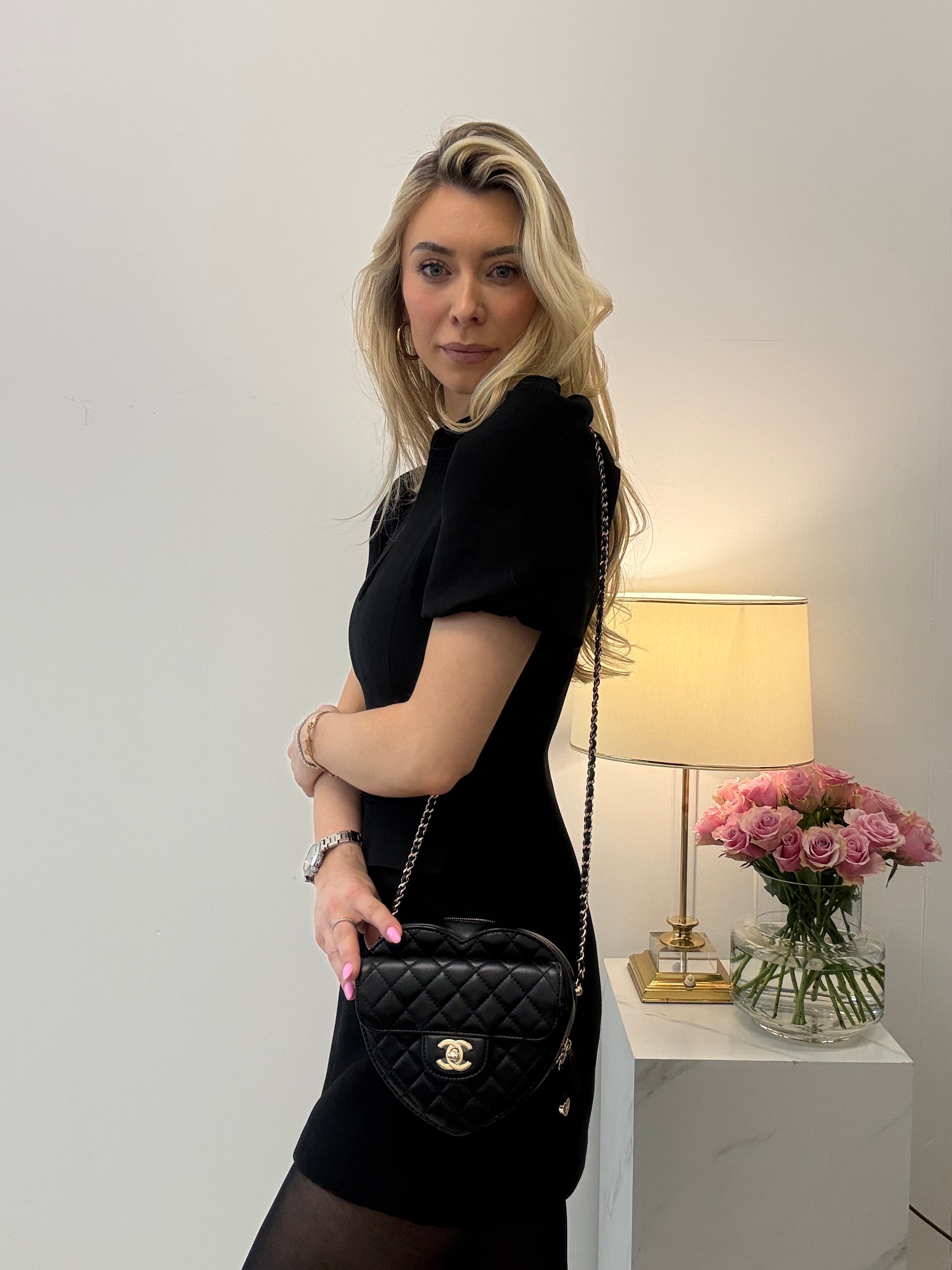 pre-owned coco-vault Chanel Black Lambskin Quilted CC in Love Heart Clutch with Chain 2022