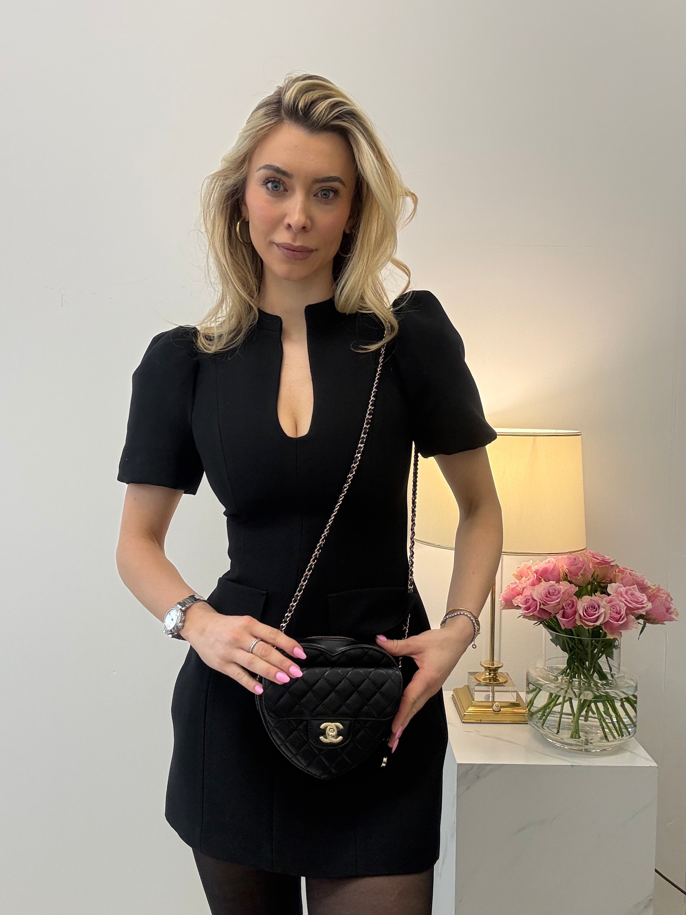 pre-owned coco-vault Chanel Black Lambskin Quilted CC in Love Heart Clutch with Chain 2022
