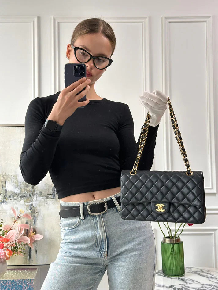 pre-owned coco-vault Chanel Classic Medium Double Flap Bag  Black Lambskin 2012