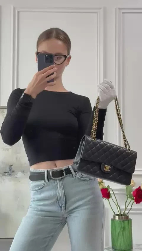 pre-owned coco-vault Chanel Classic Medium Double Flap Bag  Black Lambskin 2012