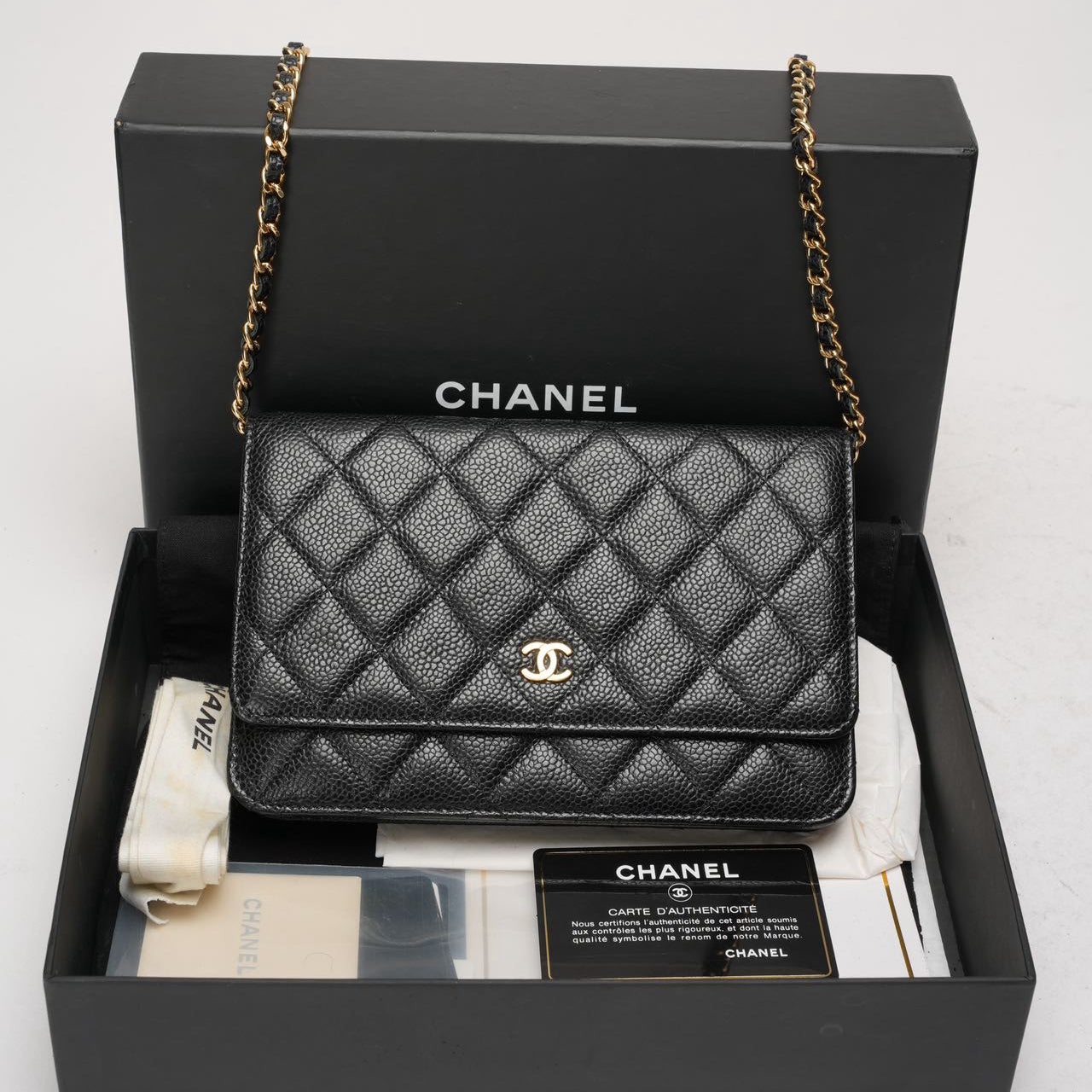 pre-owned coco-vault Chanel Black Classic Wallet on Chain (WOC) Caviar 2014