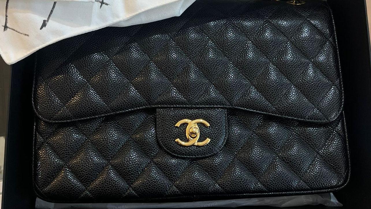 pre-owned coco-vault Chanel Black Classic Jumbo Double Flap Bag Caviar 2018