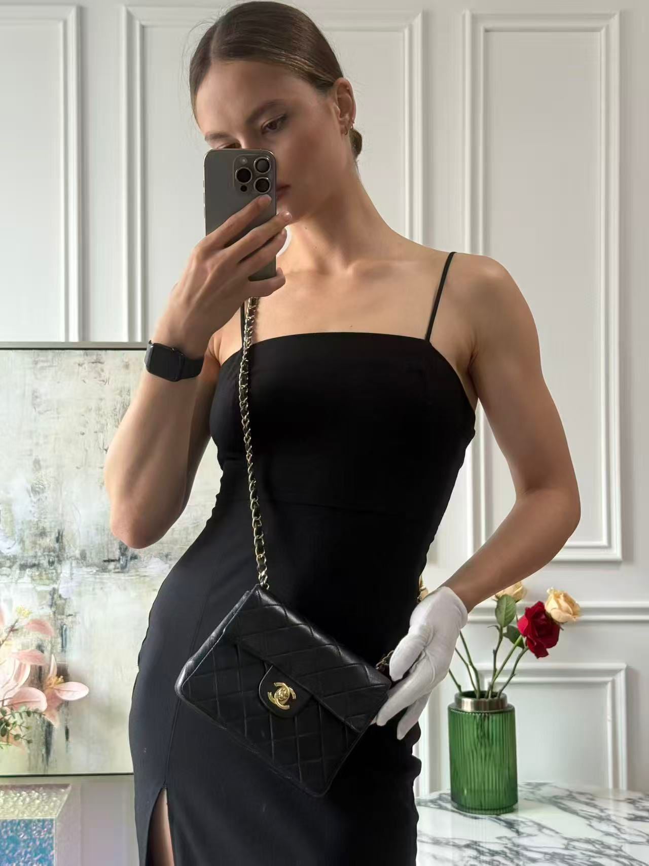 pre-owned coco-vault Chanel Vintage Black Mini Square Classic Flap Bag 1991