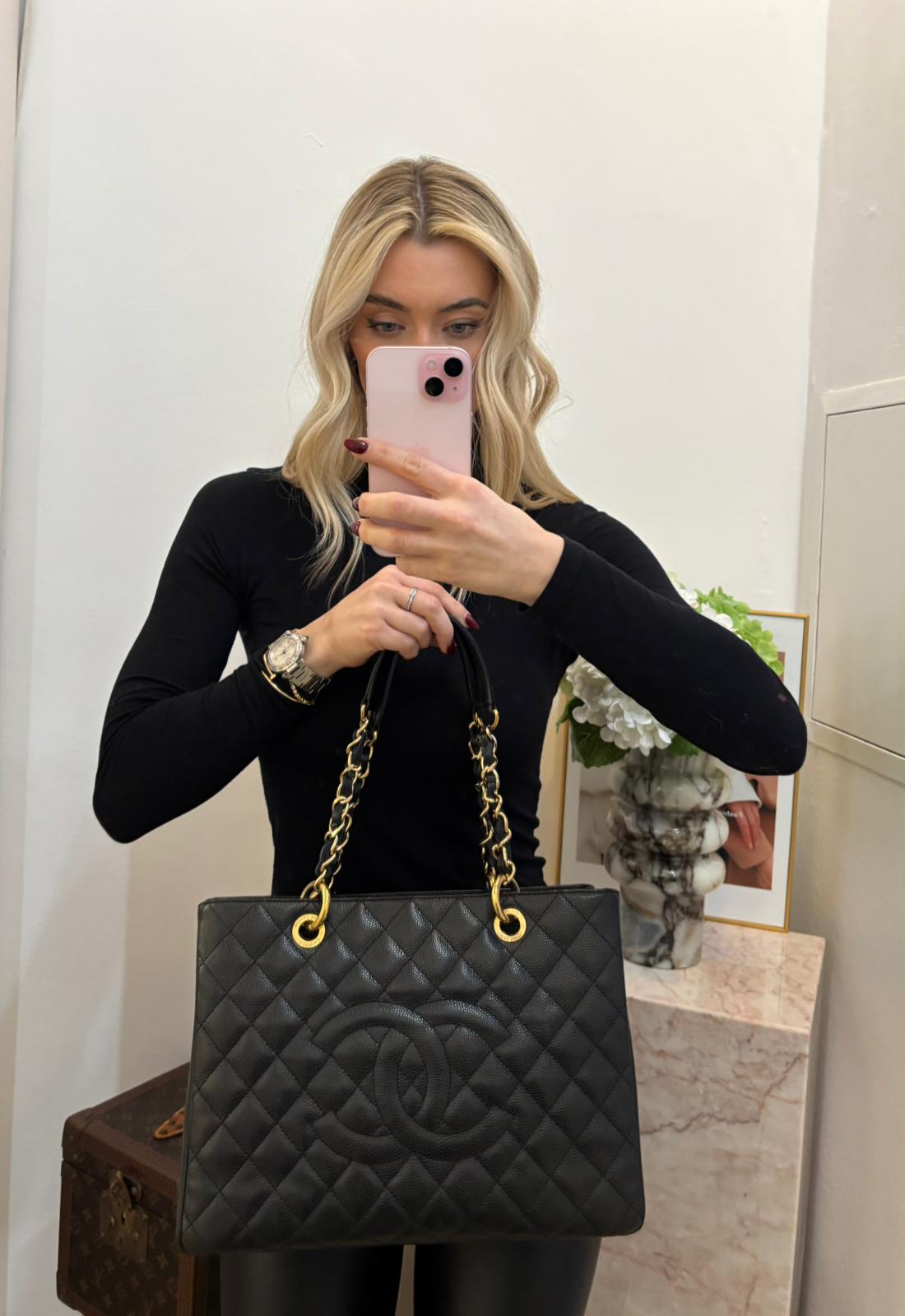pre-owned coco-vault Chanel Shopping Tote GST Caviar Black  2013
