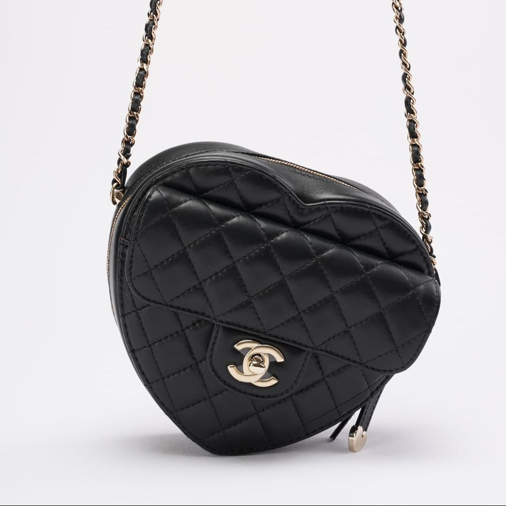 pre-owned coco-vault Chanel Black Lambskin Quilted CC in Love Heart Clutch with Chain 2022
