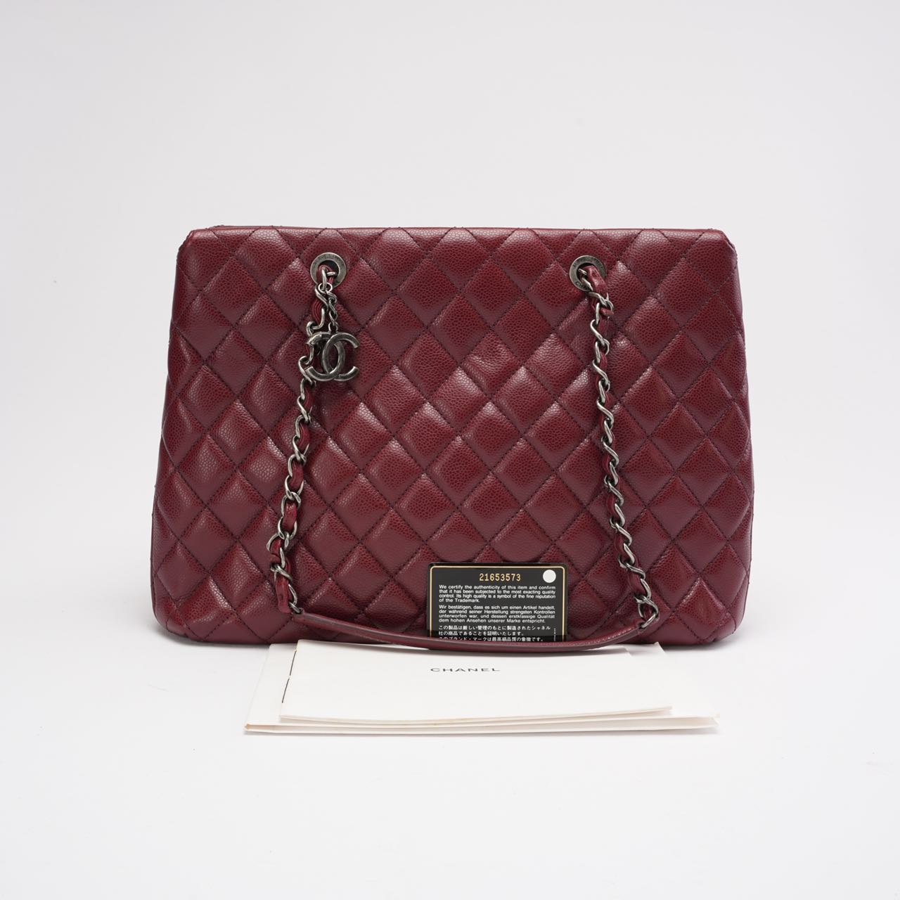 pre-owned coco-vault Chanel Burgundy Red Caviar Leather City Shopping Tote Bag 2016