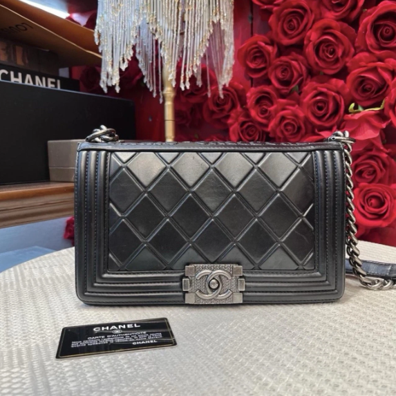 pre-owned Chanel Salzburg Boy Bag Old Medium Black Calfskin RHW Rare Limited Crossbody