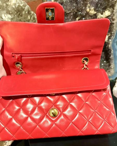 Pre-owned CHANEL Lambskin Red Shoulder Purse Gold Chain Double Flap Card Bag Box Lg/Med