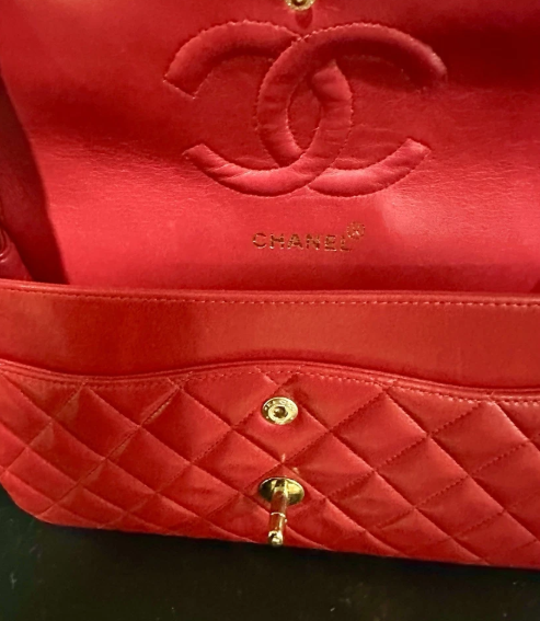 Pre-owned CHANEL Lambskin Red Shoulder Purse Gold Chain Double Flap Card Bag Box Lg/Med