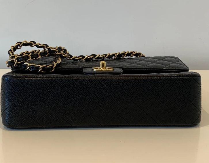 Pre-owned CHANEL Classic Double Flap Bag Medium, Black Caviar Leather with Gold Hardware
