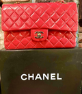 Pre-owned CHANEL Lambskin Red Shoulder Purse Gold Chain Double Flap Card Bag Box Lg/Med