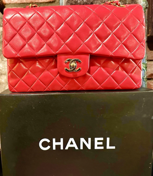 Pre-owned CHANEL Lambskin Red Shoulder Purse Gold Chain Double Flap Card Bag Box Lg/Med