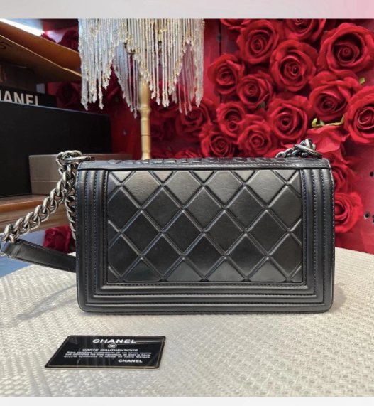 pre-owned Chanel Salzburg Boy Bag Old Medium Black Calfskin RHW Rare Limited Crossbody