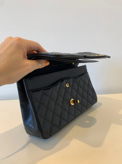 Pre-owned CHANEL Classic Double Flap Bag Medium, Black Caviar Leather with Gold Hardware
