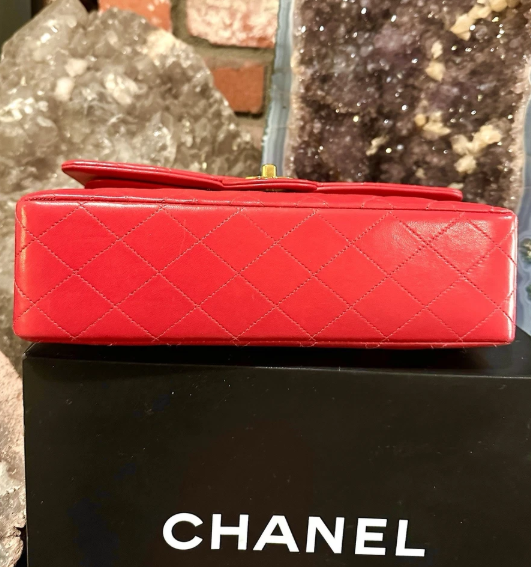 Pre-owned CHANEL Lambskin Red Shoulder Purse Gold Chain Double Flap Card Bag Box Lg/Med