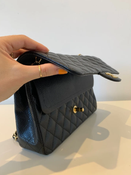Pre-owned CHANEL Classic Double Flap Bag Medium, Black Caviar Leather with Gold Hardware