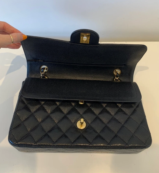 Pre-owned CHANEL Classic Double Flap Bag Medium, Black Caviar Leather with Gold Hardware
