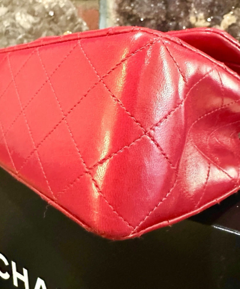 Pre-owned CHANEL Lambskin Red Shoulder Purse Gold Chain Double Flap Card Bag Box Lg/Med