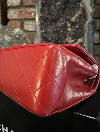 Pre-owned CHANEL Lambskin Red Shoulder Purse Gold Chain Double Flap Card Bag Box Lg/Med