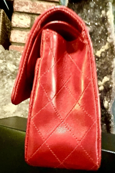 Pre-owned CHANEL Lambskin Red Shoulder Purse Gold Chain Double Flap Card Bag Box Lg/Med