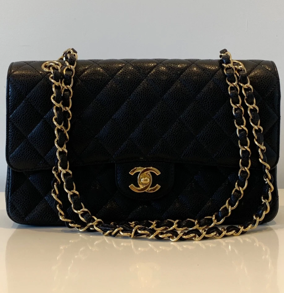 Pre-owned CHANEL Classic Double Flap Bag Medium, Black Caviar Leather with Gold Hardware