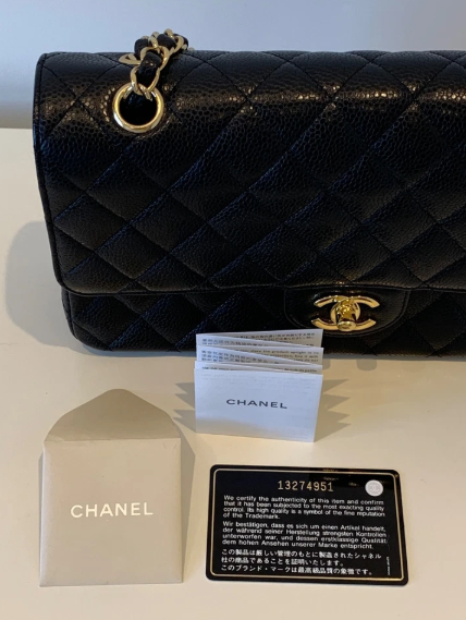 Pre-owned CHANEL Classic Double Flap Bag Medium, Black Caviar Leather with Gold Hardware